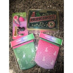 Dunkin Donuts Wicked Munchkin Tin, Straw Toppers, Green, Pink Cup Sleeve Set